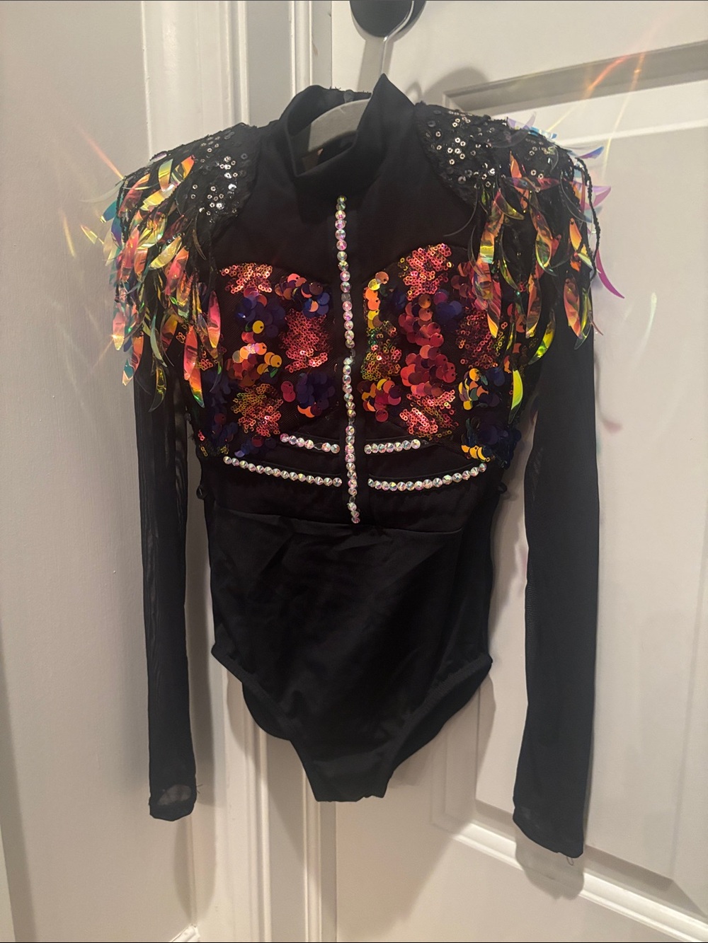 Kids Black Sequin Dance Costume with Multicolor Accents with Skirt MC